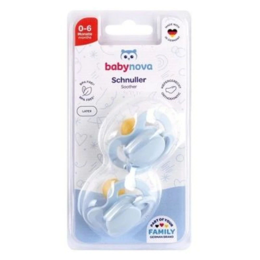 Baby-Nova, ortodontska lateks duda z obročkom - velikost 0-6 m - različni motivi (2 dudi)